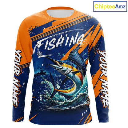 Custom Marlin Fishing Blue Orange Long Sleeve Shirts, Marlin Saltwater Fishing Jerseys NBT857