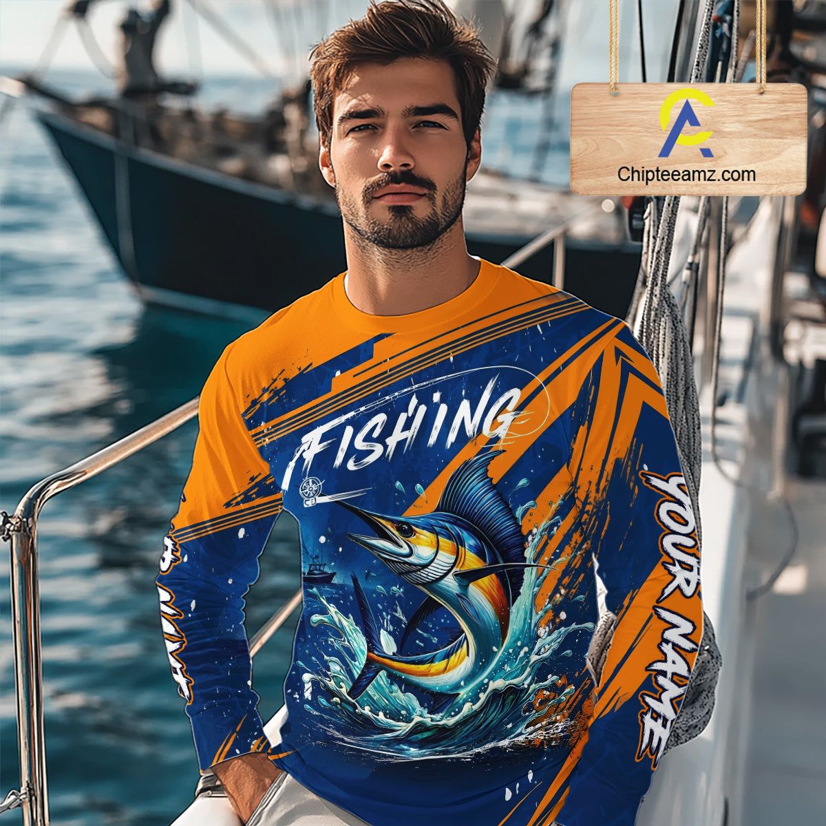 Custom Marlin Fishing Blue Orange Long Sleeve Shirts, Marlin Saltwater Fishing Jerseys NBT857