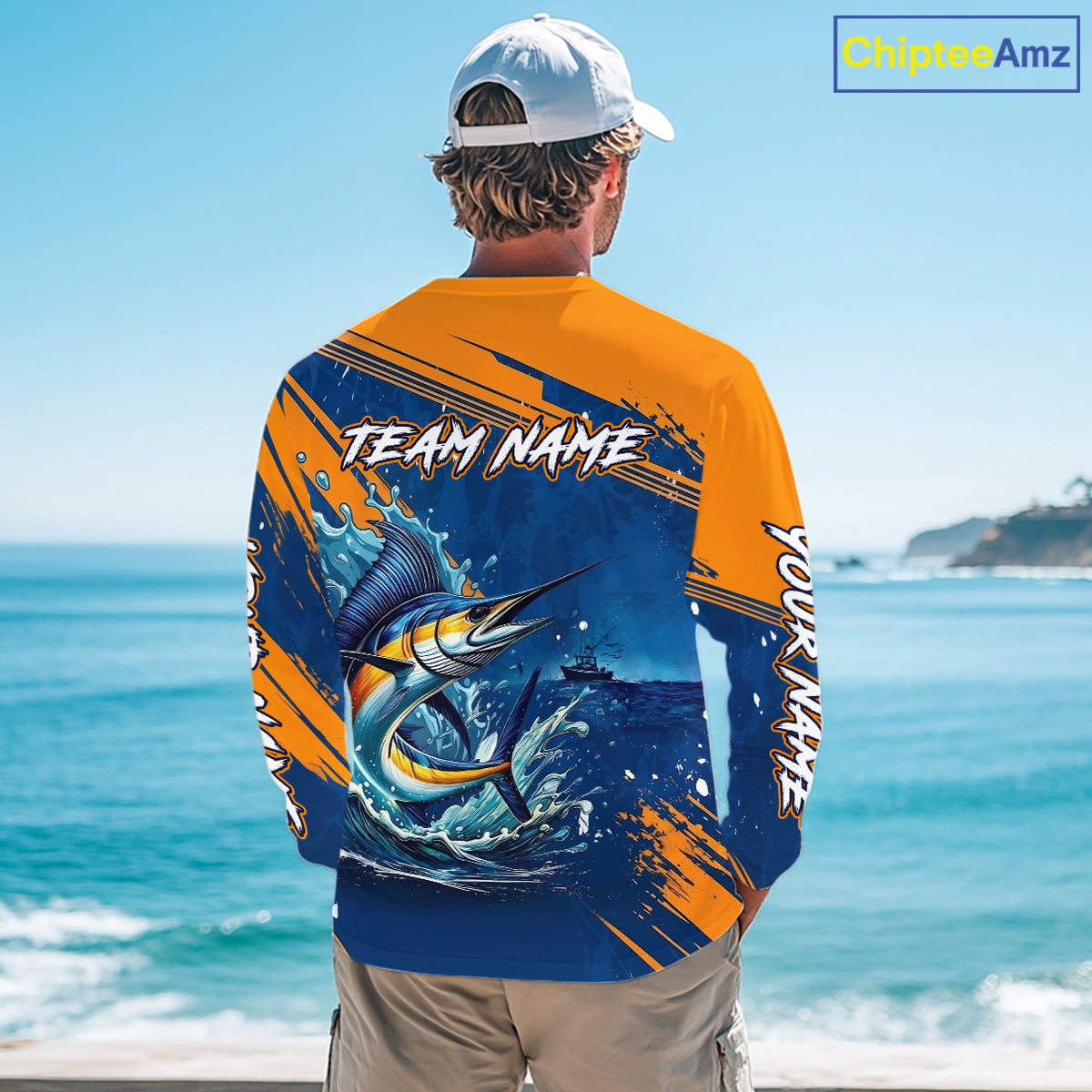 Custom Marlin Fishing Blue Orange Long Sleeve Shirts, Marlin Saltwater Fishing Jerseys NBT857