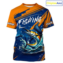 Load image into Gallery viewer, Custom Marlin Fishing Blue Orange T-Shirt, Marlin Saltwater Fishing Jerseys NBT857