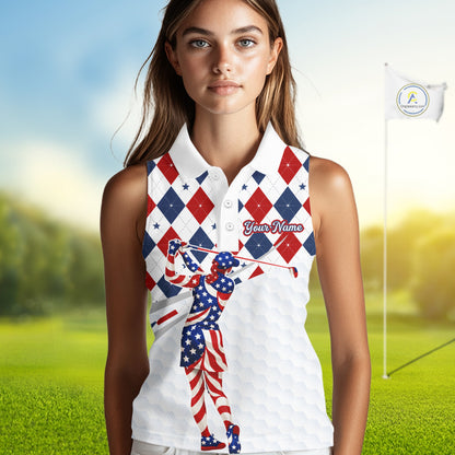 American Flag Sleeveless Golf Polo Shirt For Womens Patriotic White Golf Shirt 4th of July Golf Outfit Golf Gifts NBT520