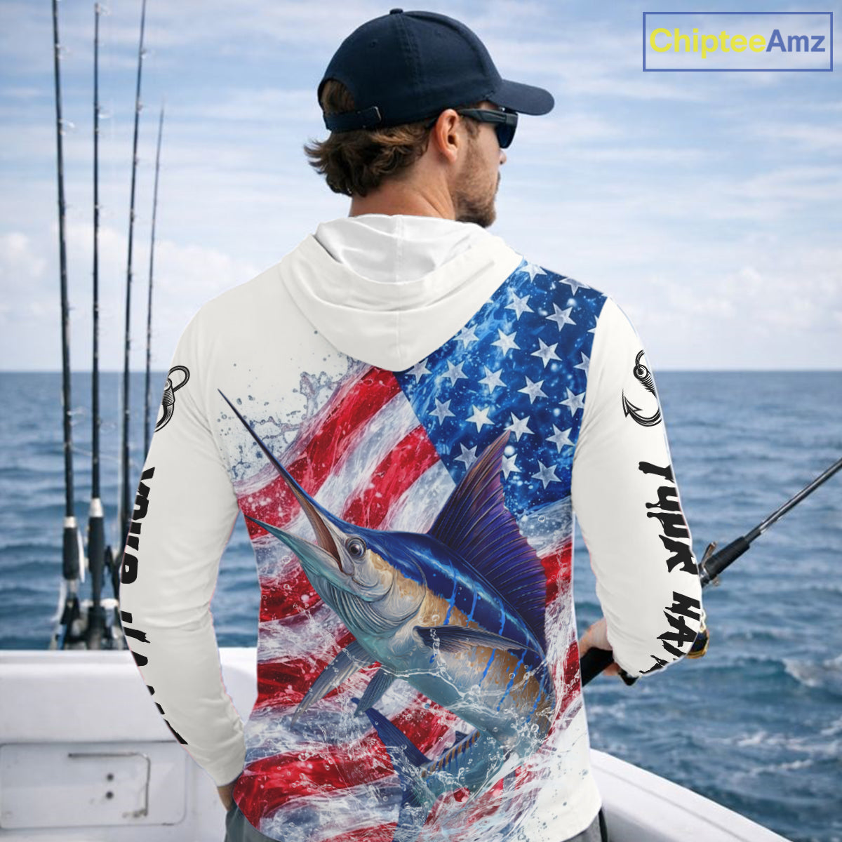 American Flag Patriotic Marlin Fishing Custom Long Sleeve Hooded Shirts, 4th of July Fishing Tournament Shirts NBT526