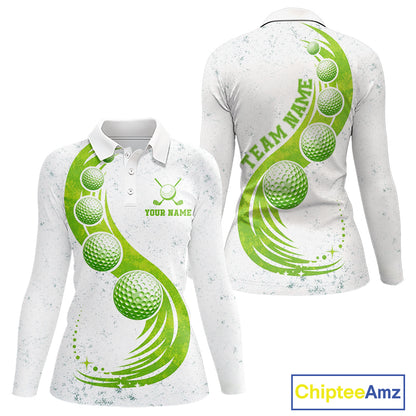 Womens Golf Polo Shirt Green Golf Ball Pattern Custom Name White Golf Shirts, Golf Gifts For Women NBT536