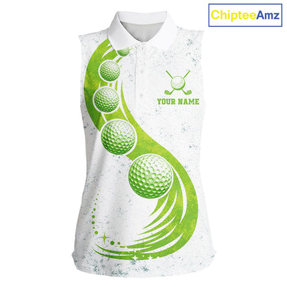 Womens Sleeveless Golf Polo Shirt Green Golf Ball Pattern Custom Name White Golf Shirts, Golf Gifts For Ladies NBT536