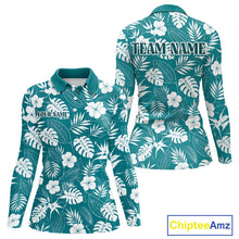 Load image into Gallery viewer, Teal long sleeve golf shirt with white floral and leaf pattern, customizable text