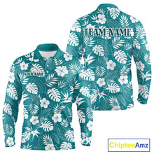 Load image into Gallery viewer, Teal and white floral patterned shirt with customizable text on a white background