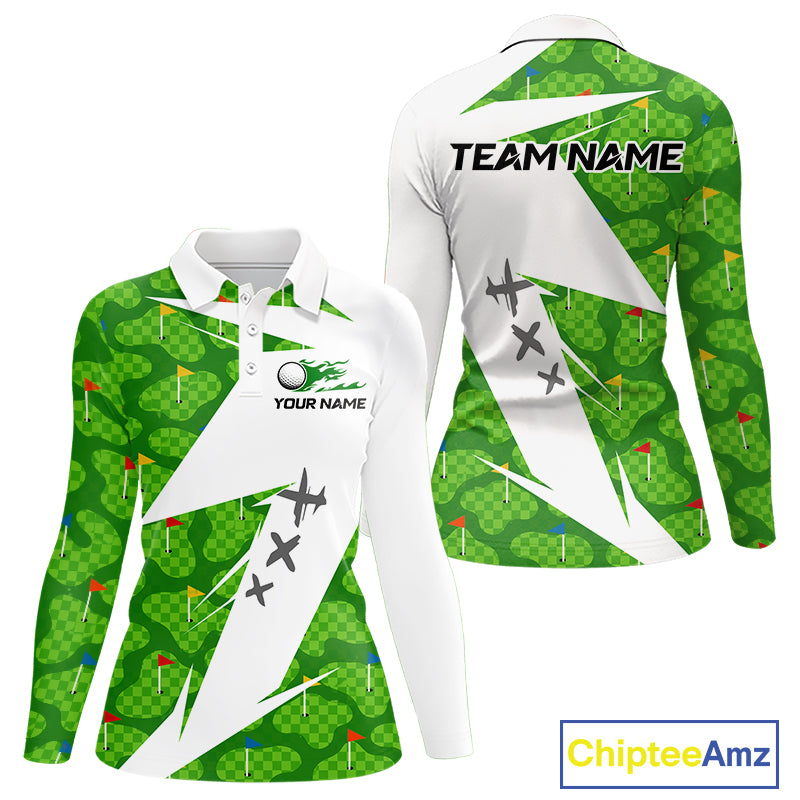 Green And White Golf Pattern Polo Golf Shirt For Women Custom Ladies Golf Clothes, Golf Gifts NBT677