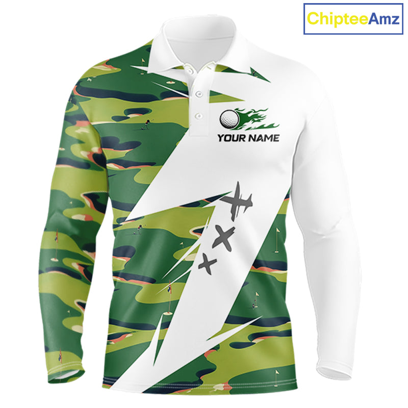 Green And White Retro Golf Pattern Polo Golf Shirt For Men Custom Mens Golf Clothes, Golf Gifts NBT678