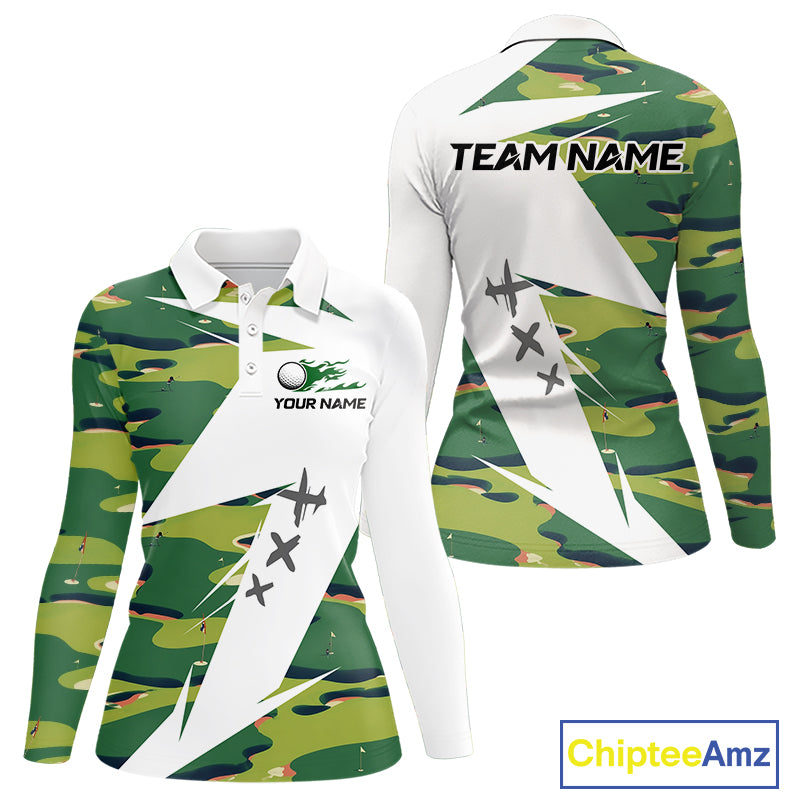 Green And White Retro Golf Pattern Polo Golf Shirt For Women Custom Ladies Golf Clothes, Golf Gifts NBT678