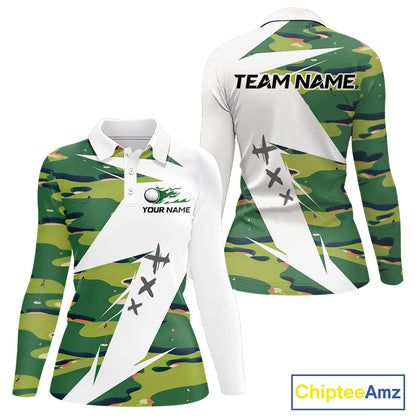 Green And White Retro Golf Pattern Polo Golf Shirt For Women Custom Ladies Golf Clothes, Golf Gifts NBT678