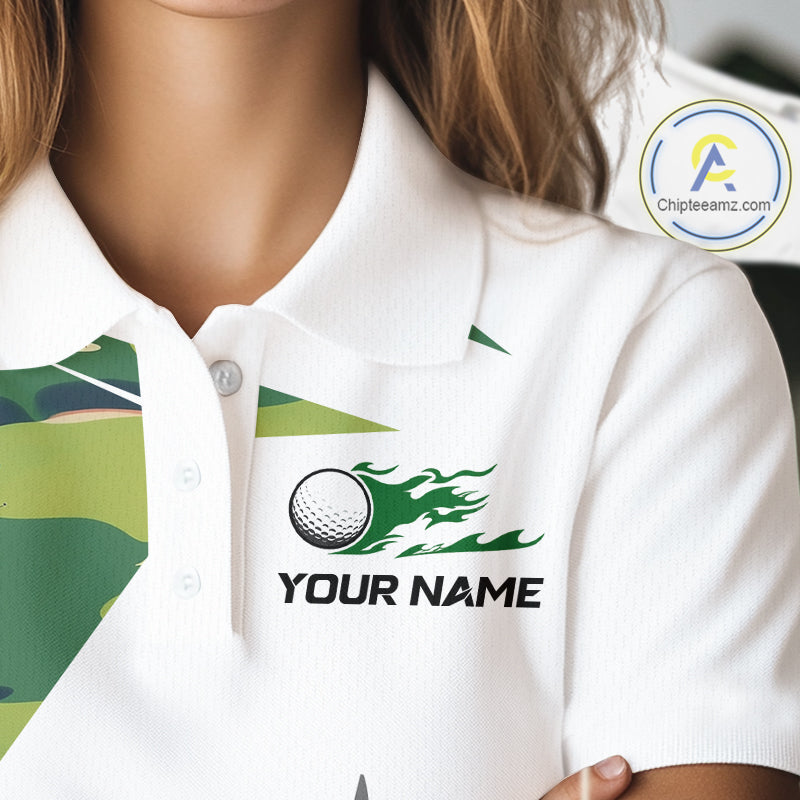 Green And White Retro Golf Pattern Polo Golf Shirt For Women Custom Ladies Golf Clothes, Golf Gifts NBT678