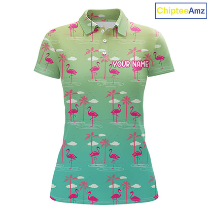 Pink Flamingo Palm Tree Womens Golf Polo Shirt, Tropical Golf Shirt, Cute Flamingo Print Summer Polo NBT538