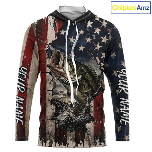 Bass Fishing 3D American Flag Patriotic Shirts Customize Hooded Bass Fishing Jerseys, Sun Protection Shirts NBT939