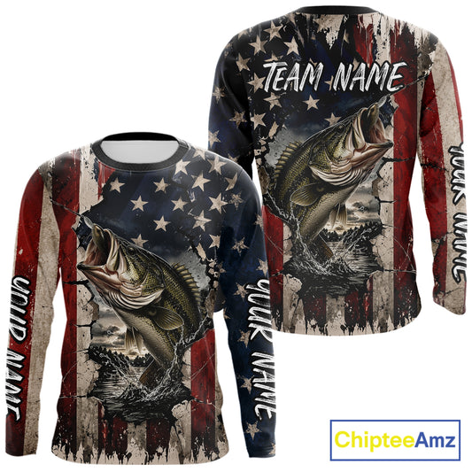 Bass Fishing 3D American Flag Patriotic Shirts Customize Bass Fishing Jerseys, Sun Protection Shirts NBT939