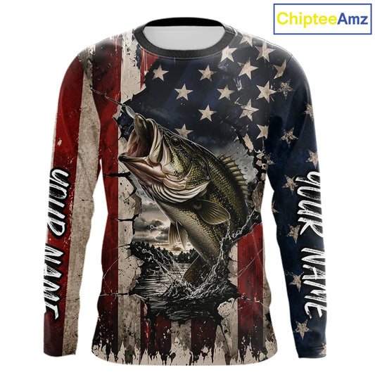 Bass Fishing 3D American Flag Patriotic Shirts Customize Bass Fishing Jerseys, Sun Protection Shirts NBT939