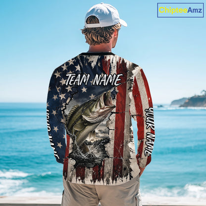 Bass Fishing 3D American Flag Patriotic Shirts Customize Bass Fishing Jerseys, Sun Protection Shirts NBT939