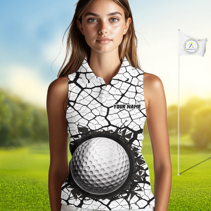 Golf Ball Breaking Sleeveless Polo Shirt, Black And White Cracking Pattern Polo Shirt, Best Golf Gift For Women NBT542