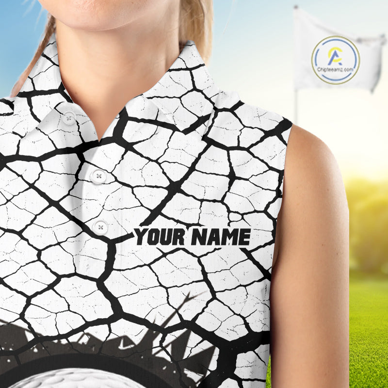 Golf Ball Breaking Sleeveless Polo Shirt, Black And White Cracking Pattern Polo Shirt, Best Golf Gift For Women NBT542