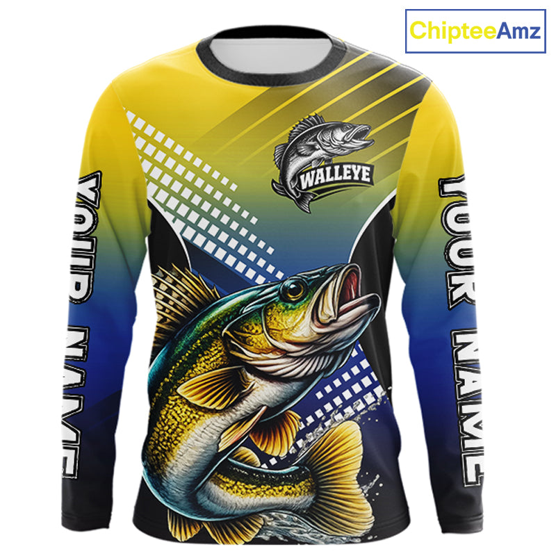 Walleye Fishing Shirts Long Sleeve Blue And Yellow Camo Custom Name, Walleye Fishing Shirts NBT439