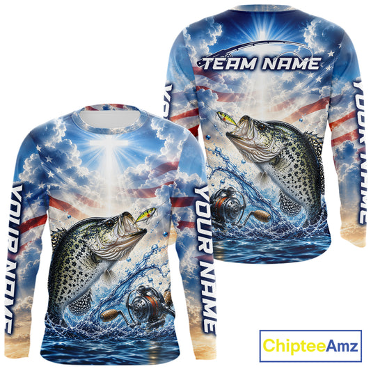 Custom Faith Crappie American Flag Patriotic Fishing Shirt Long Sleeve, US Fishing Jerseys NBT947