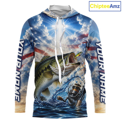 Custom Faith Largemouth Bass American Flag Patriotic Long Sleeve Hooded Fishing Shirt, US Fishing Jerseys NBT948