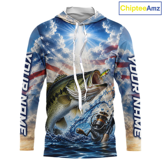 Custom Faith Largemouth Bass American Flag Patriotic Long Sleeve Hooded Fishing Shirt, US Fishing Jerseys NBT948