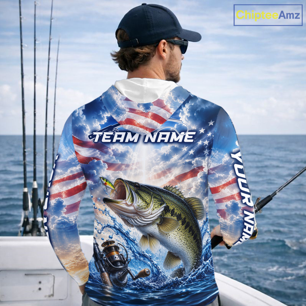 Custom Faith Largemouth Bass American Flag Patriotic Long Sleeve Hooded Fishing Shirt, US Fishing Jerseys NBT948
