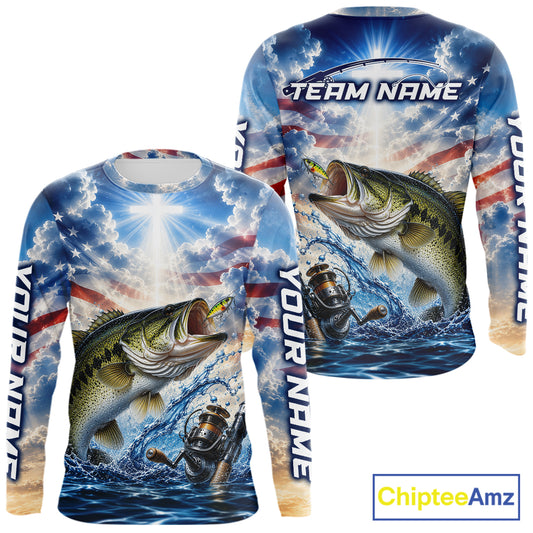 Custom Faith Largemouth Bass American Flag Patriotic Fishing Shirt Long Sleeve, US Fishing Jerseys NBT948