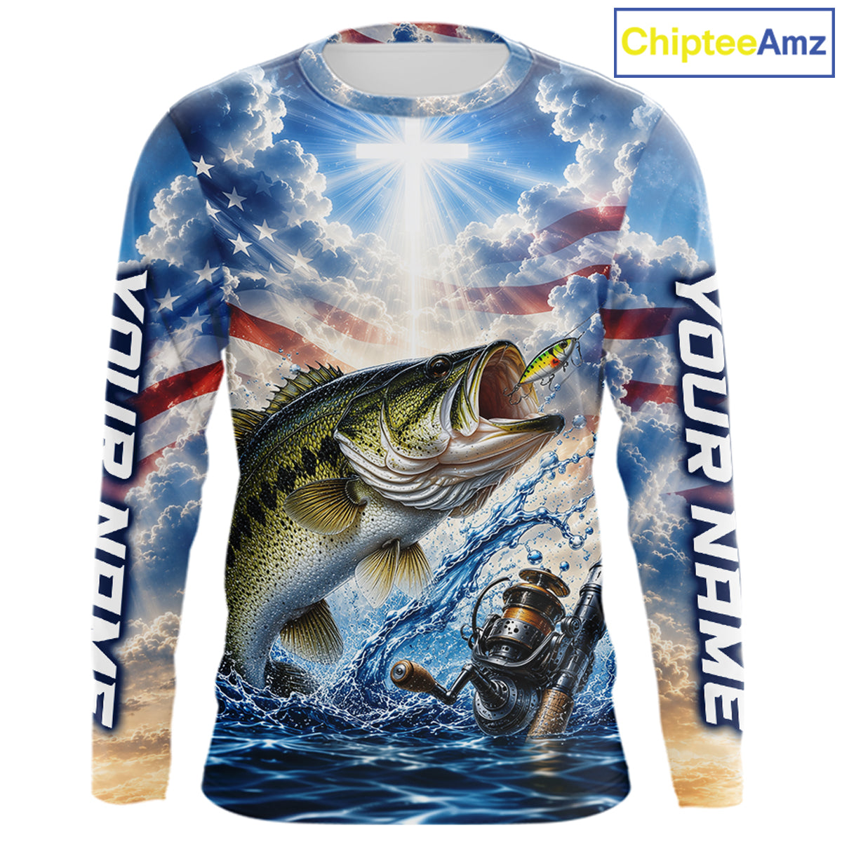 Custom Faith Largemouth Bass American Flag Patriotic Fishing Shirt Long Sleeve, US Fishing Jerseys NBT948