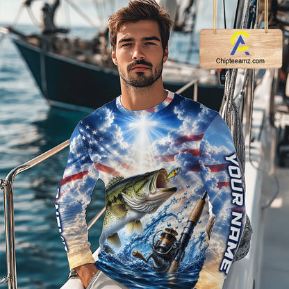 Custom Faith Largemouth Bass American Flag Patriotic Fishing Shirt Long Sleeve, US Fishing Jerseys NBT948