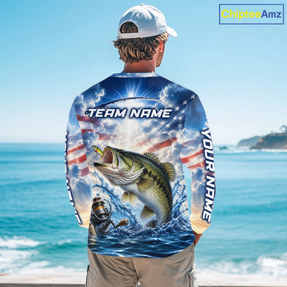 Custom Faith Largemouth Bass American Flag Patriotic Fishing Shirt Long Sleeve, US Fishing Jerseys NBT948