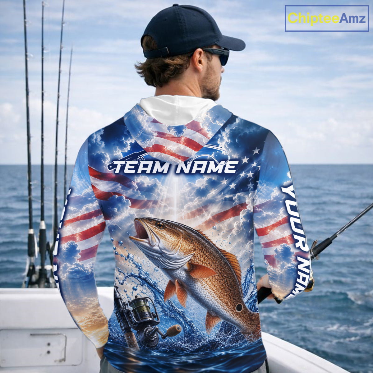 Custom Faith Redfish American Flag Patriotic Long Sleeve Hooded Fishing Shirt, US Fishing Jerseys NBT949