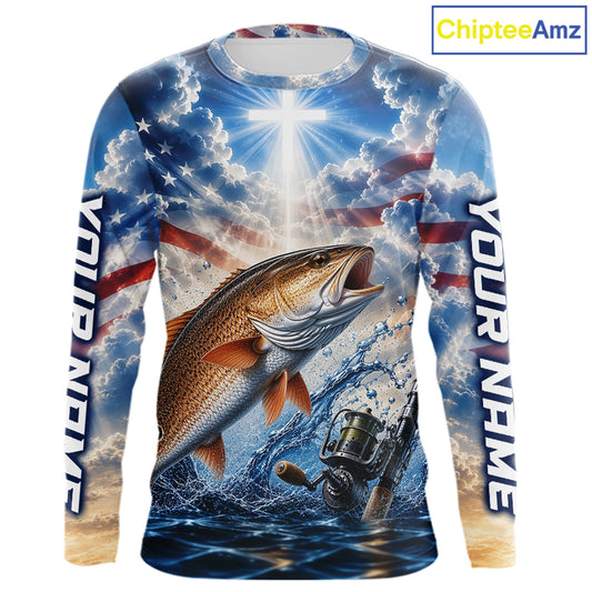Custom Faith Redfish American Flag Patriotic Fishing Shirt Long Sleeve, US Fishing Jerseys NBT949