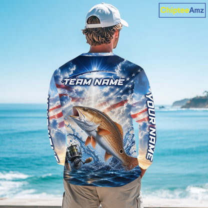 Custom Faith Redfish American Flag Patriotic Fishing Shirt Long Sleeve, US Fishing Jerseys NBT949