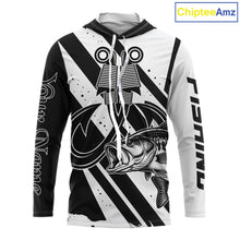 Load image into Gallery viewer, Front view of black and white largemouth bass long sleeve hooded fishing shirt with sun protection