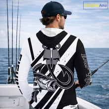 Load image into Gallery viewer, Angler wearing black and white largemouth bass long sleeve hooded fishing shirt with custom name on sleeve