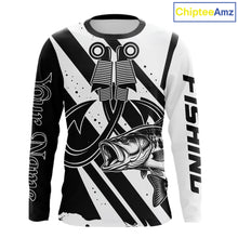 Load image into Gallery viewer, Front view of black and white largemouth bass long sleeve fishing shirt with sun protection
