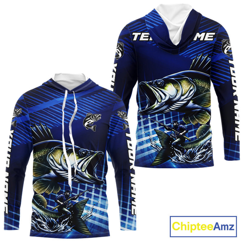 Blue Camo Walleye Custom Long Sleeve Hooded Fishing Shirts, Walleye Fishing Shirts NBT446