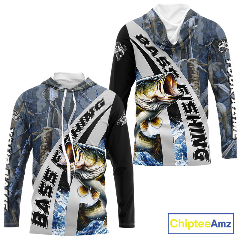Custom Bass Fishing Grass Camo Long Sleeve Hooded Fishing Shirts, Bass Fishing Tournament Shirts NBT450