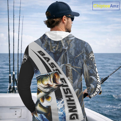 Custom Bass Fishing Grass Camo Long Sleeve Hooded Fishing Shirts, Bass Fishing Tournament Shirts NBT450