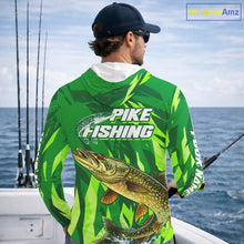 Load image into Gallery viewer, Pike Fishing Shirt Long Sleeve Hooded Green Camo Custom Name, Pike Fishing Jerseys For Men NBT408