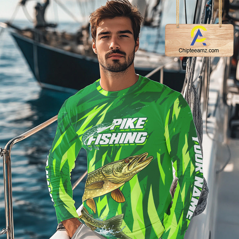 Pike Fishing Shirts Long Sleeve Green Camo Custom Name, Pike Fishing Jerseys For Men NBT408