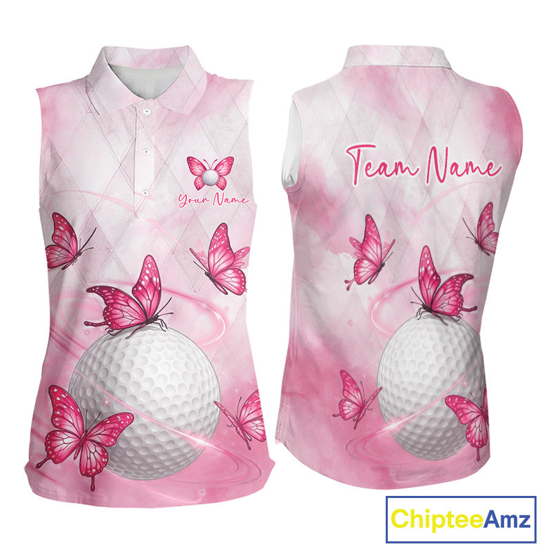 Pink Womens Sleeveless Golf Polo Shirt Custom Butterfly Team Ladies Golf Tops, Golf Gifts NBT596