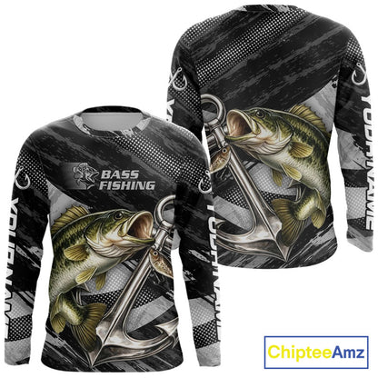 Personalized Bass Fishing Long Sleeve Anchor Vector Custom Name Black Camo, Bass Fishing Shirts NBT472