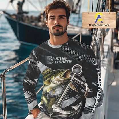 Personalized Bass Fishing Long Sleeve Anchor Vector Custom Name Black Camo, Bass Fishing Shirts NBT472