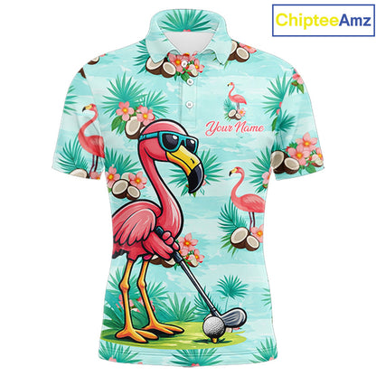 Funny Mens Golf Polo Shirts Custom Name Pink Flamingo Pattern, Tropical Golf Shirt NBT478