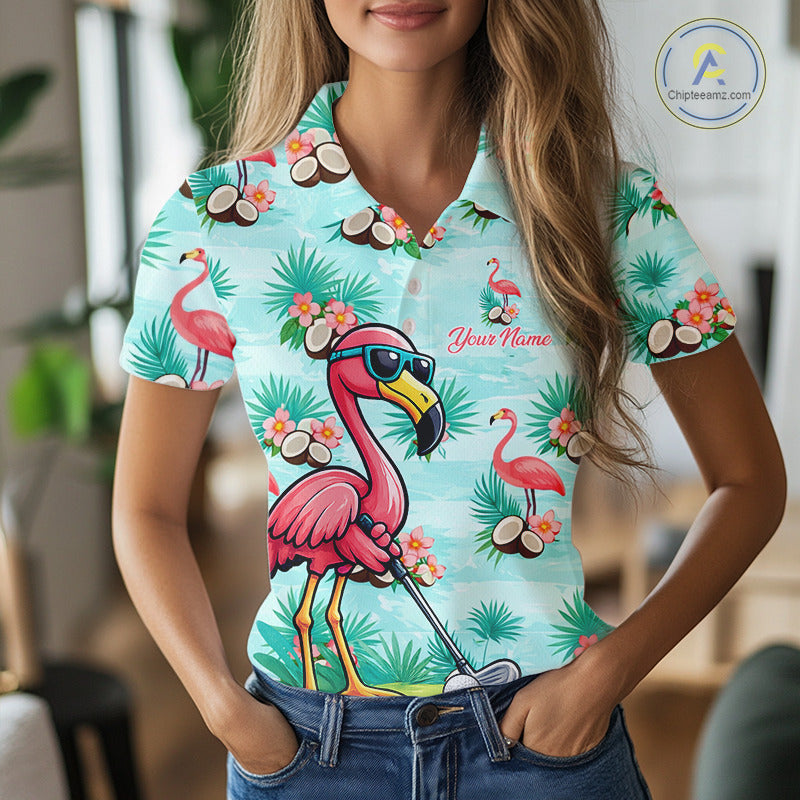 Funny Womens Golf Polo Shirts Custom Name  Pink Flamingo Pattern, Tropical Golf Shirt NBT478