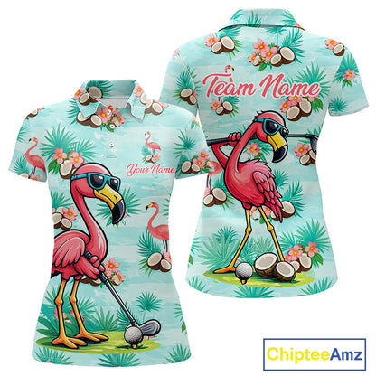 Funny Womens Golf Polo Shirts Custom Name  Pink Flamingo Pattern, Tropical Golf Shirt NBT478