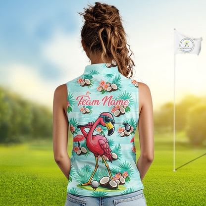 Funny Women Sleeveless Golf Polo Shirts Custom Pink Flamingo Pattern, Tropical Golf Shirt NBT478