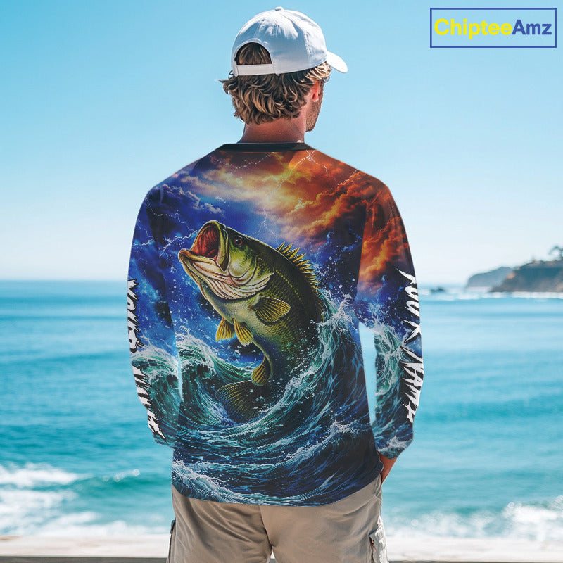 Personalized Bass Thunder And Lightening Long Sleeve Fishing Shirts,Custom Bass Fishing Jerseys NBT378